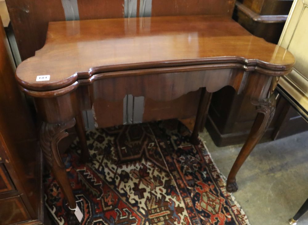 A Georgian style mahogany folding-top card table, width 84cm, depth 40cm, height 74cm